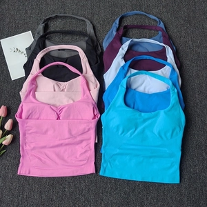 Women Halter Neck Sports Bra Seamless Ribbed Yoga Vest Quick Dry With Removable Pads Sleeveless Workout Crop Top