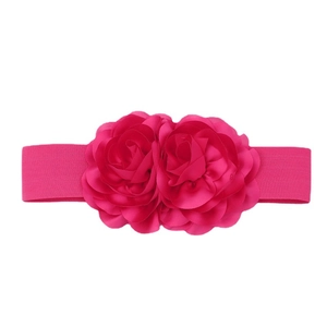 Chic rose red elastic waist belt with large 3D satin flowers for elegant dresses