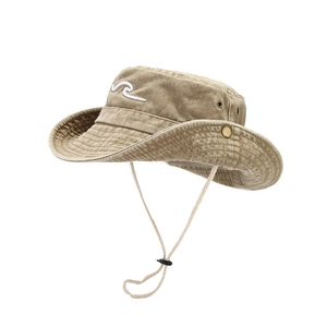 Khaki embroidered wave bucket hat with adjustable chin strap for outdoor activities