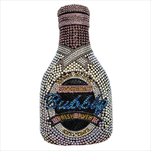 Champagne bottle luxury evening bag with sparkling rhinestones and Bubbly lettering