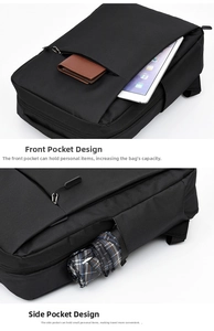 Detail of laptop backpack showing front zipper pocket and side umbrella storage compartment