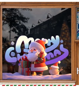 Detailed Christmas window stickers featuring Santa Claus and gifts on glass shopfront