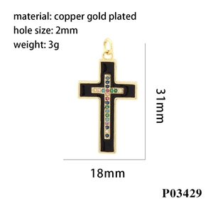 Copper gold plated cross pendant with black oil drip and zircon inlay with dimensions