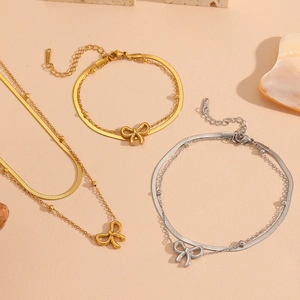 Parure de bijoux en acier inoxydable or et argent avec colliers et nœuds doubles