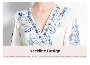 Detail of bohemian V-neckline and intricate paisley pattern on a long-sleeve dress