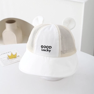 Detail of white baby sun hat with breathable mesh, cute ears, and GOOD Lucky embroidery
