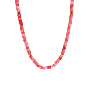 Handmade beaded necklace with red and pink stones and golden spacers on white background