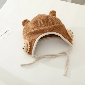 Detail of soft plush camel baby lion hat with cute 3D ears and secure chin straps