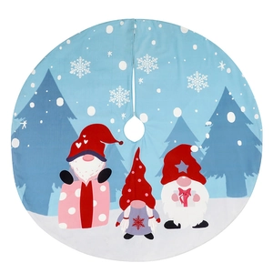 Round Christmas tree skirt featuring three festive cartoon gnomes on a snowy blue background
