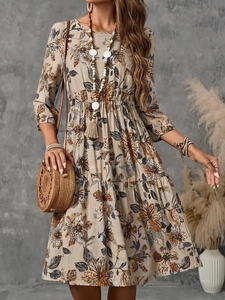 Elegant floral print midi dress with bohemian patterns and light fabric for women