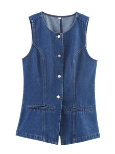 Detail of round neck and metal buttons on sleeveless medium blue denim vest