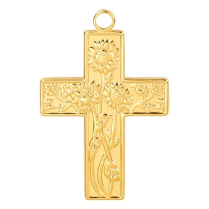 18k gold-plated stainless steel cross necklace pendant with engraved sunflower design