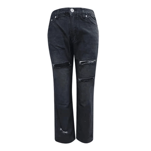 Women's black washed ripped denim jeans with distressed knee holes and high waist style
