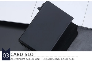 Close-up of black leather wallet with aluminum alloy anti-degaussing card slot