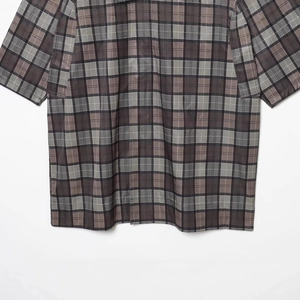 Short-sleeve plaid button-down shirt featuring a classic brown and grey checkered pattern