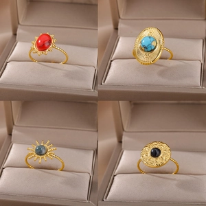 Bohemian Vintage Stainless Steel Ring Sun Flower Oval Turquoise Marble Stone Adjustable Open Band Retro Jewelry Women