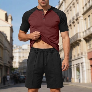 Men's summer set featuring a waffle knit V-neck patchwork T-shirt and drawstring shorts