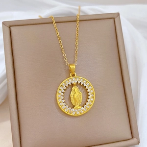 Luxury gold titanium steel necklace with a hollow portrait pendant and sparkling crystals