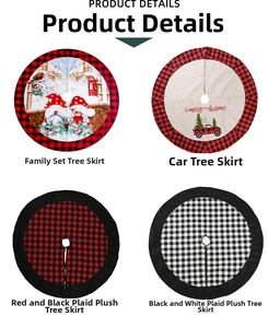 Detail showing four styles of Christmas tree skirts with classic plaid and gnome patterns