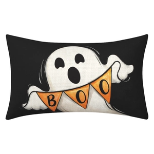 Halloween lumbar pillow cover with white cartoon ghost and orange BOO banner on black linen