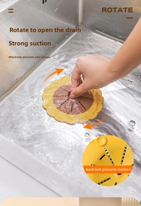 Detail view showing rotatable sunflower-shaped sink strainer in a kitchen sink environment