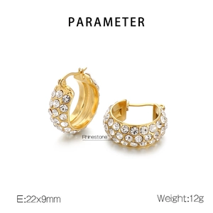 Macro shot of gold hoop earrings with multi-row rhinestones and 22x9mm size details