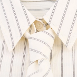 Macro detail of fine pinstripe shirt collar with matching tie and button textures