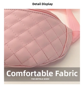 Detail of pink quilted PU leather chest bag featuring classic diamond stitching and zipper
