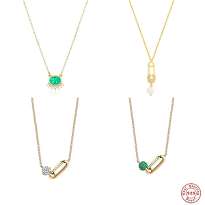 925 Sterling Silver Necklace Gold Plated Zirconia Emerald Green Stone Artificial Pearl Safety Pin Geometric Pendant For Women Elegant