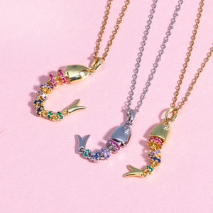 Articulated rainbow fish pendant necklace in gold and silver plating with colorful crystals