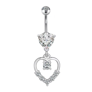 Polished silver belly button ring with heart-shaped zircon pendant and butterfly accents
