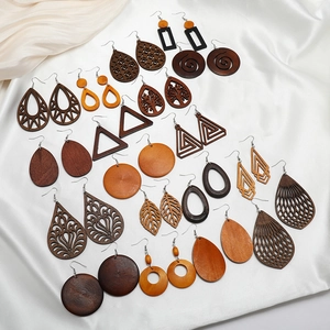 Boucles D'oreilles En Bois Bohème Évidé Arbre De Vie Géométrique Goutte Feuille Bijoux Pour Femmes Esthétique Vintage