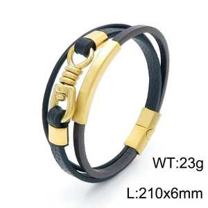 Detail view of multi-layer black leather men's bracelet with golden buckle, 210x6mm size