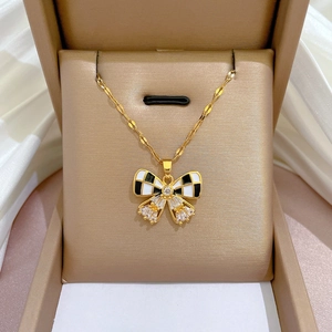 Collier Pendentif Noeud Papillon Acier Titane Émail Damier Zircon Or Chaîne Clavicule Pour Femmes