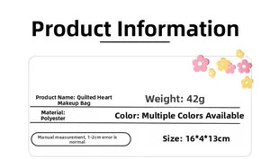 Detailed size and material specs for the quilted heart makeup bag in polyester fabric