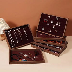 Walnut wood grain jewelry display tray set with red velvet compartments for watches