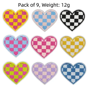 Detailed grid of 9 heart-shaped checkerboard embroidery patches in vibrant colors