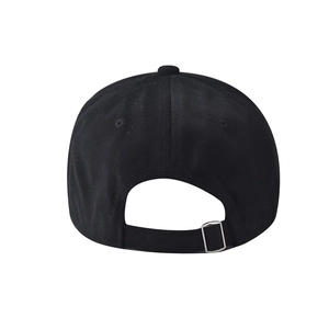 Detail view of cotton baseball cap back with adjustable silver metal buckle and stitching