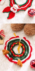 Close-up of handmade crochet Christmas pet collar with reindeer and snowman details