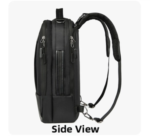 Side view of multi-layer business laptop backpack with metal hook and padded straps