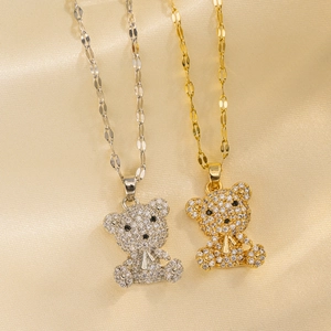 Dainty Bear Pendant Necklace Titanium Steel With Pave White Zircon Elegant Clavicle Chain Jewelry For Women