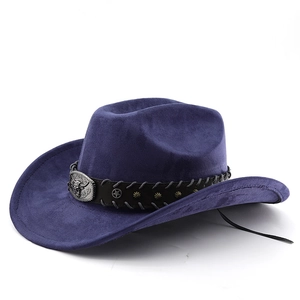 Detail of dark blue suede cowboy hat with leather band and silver bull head studs