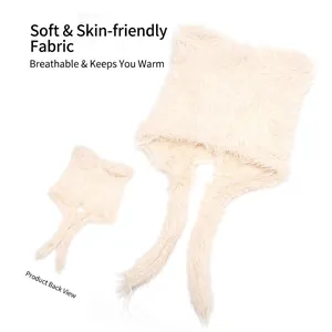 White fluffy plush earflap hat for women with tie-up straps and a warm back view perspective