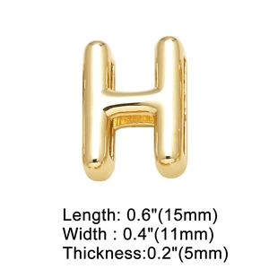 Detail view of gold-plated letter H charm with precise dimensions in millimeters