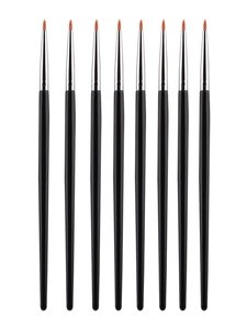 Detailed view of eight fine-tip eyeliner brushes with red-brown bristles and black handles