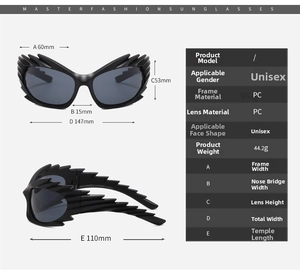 Size chart for novelty wing-shaped cycling sunglasses featuring PC frame dimensions