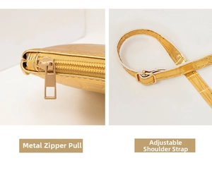 Detail of gold croc-effect handbag featuring a metal zipper pull and adjustable strap