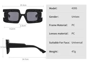 Detailed size chart for model 4395 square sunglasses with frame dimensions and specifications
