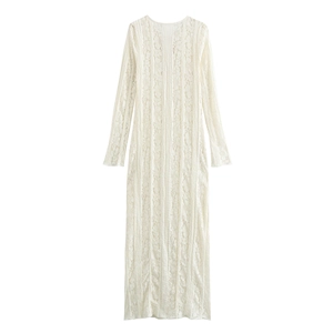 Elegant off-white lace maxi dress with floral patterns and a slim fit french silhouette