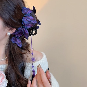 Dettaglio del fermaglio a farfalla viola con ricami e lunga nappa decorativa fluente